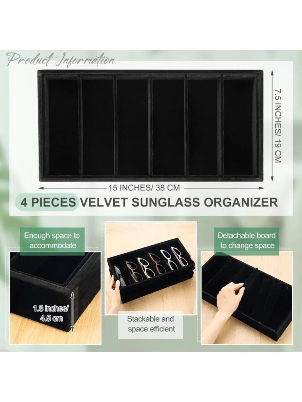 4-Piece Velvet Sunglasses Organizer Tray - Stackable 6-Grid Display for Glasses